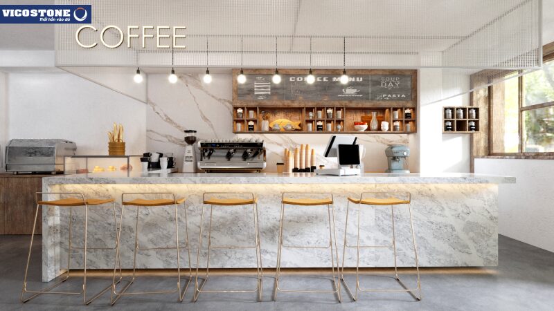 Quầy cafe trở nên giàu sức hút hơn với quầy bar ốp đá Vicostone Splendix BQ9802