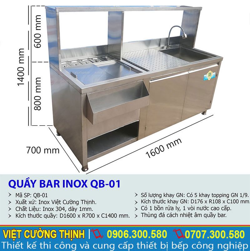 Thông số kỹ thuật quầy pha chế inox